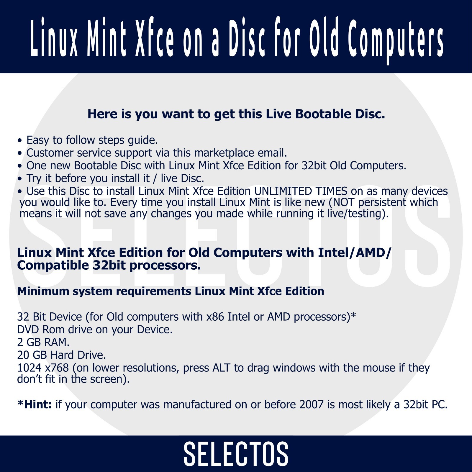 Linux Mint 19.3 Tricia Xfce Edition Live CD Bootable DISC for Old 32bit Computer