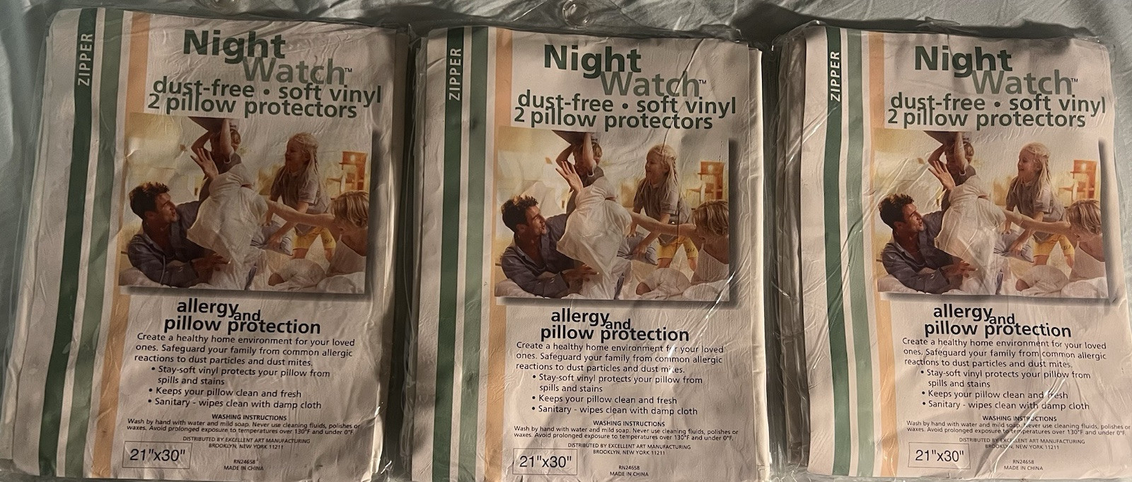 3 PACKS OF NIGHT WATCH DUST FREE SOFT VINYL PILLOW PROTECTOR WITH ZIPPER 21 X 30