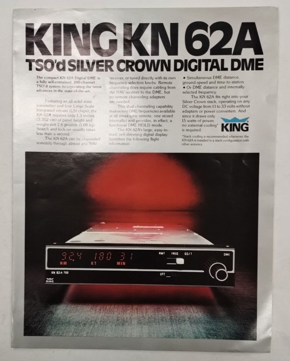 King KN 62A TSO'd Silver Crown Digital DME Brochure 1986-Original