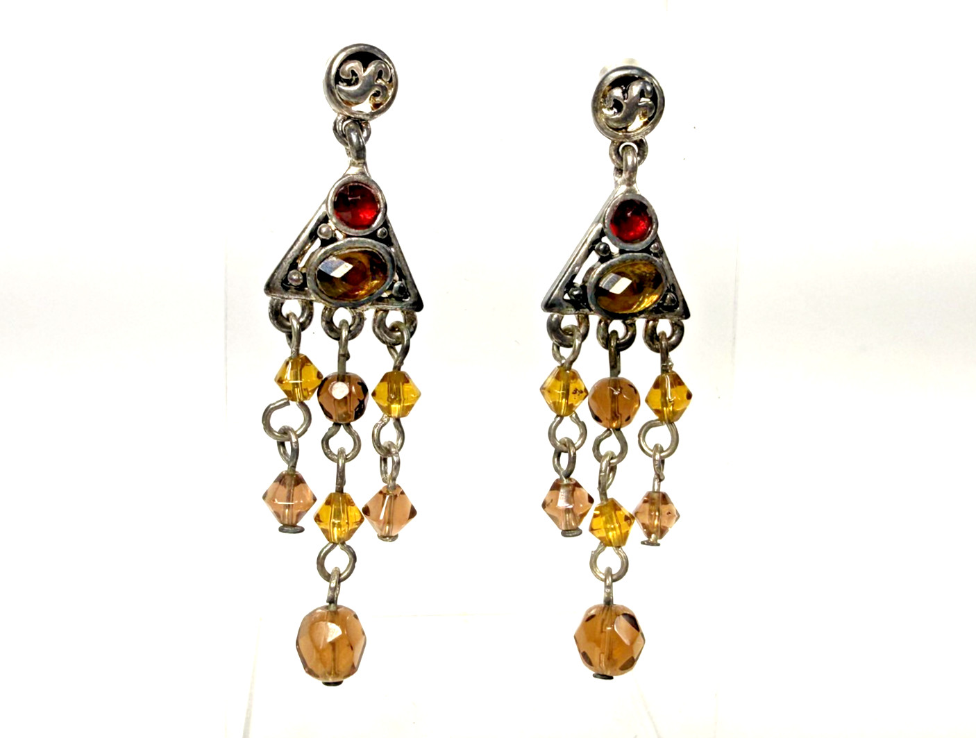 Vintage Yellow Crystal Red Rhinestone Dangle Bead Earrings