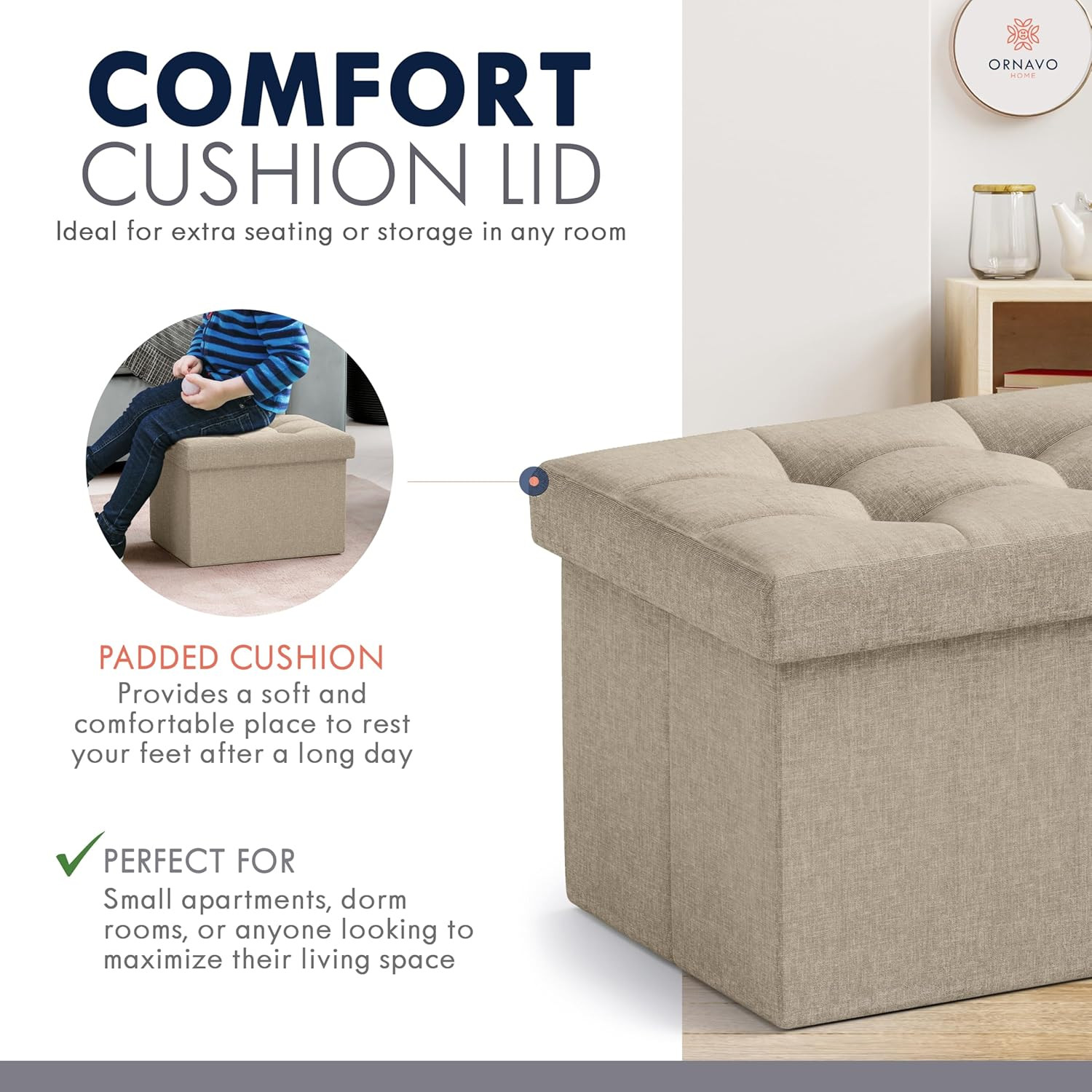 Small Storage Ottoman Foldable Collapsible Rectangle Linen Ottoman Foot Rest Sto