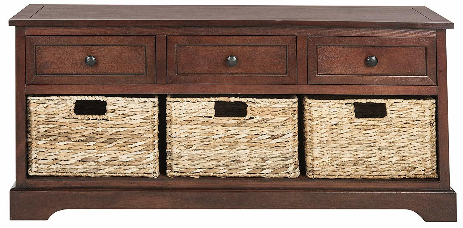 Dark Cherry Wooden Storage Bench Entryway Seat Shoe Baskets Mud Room Bedroom