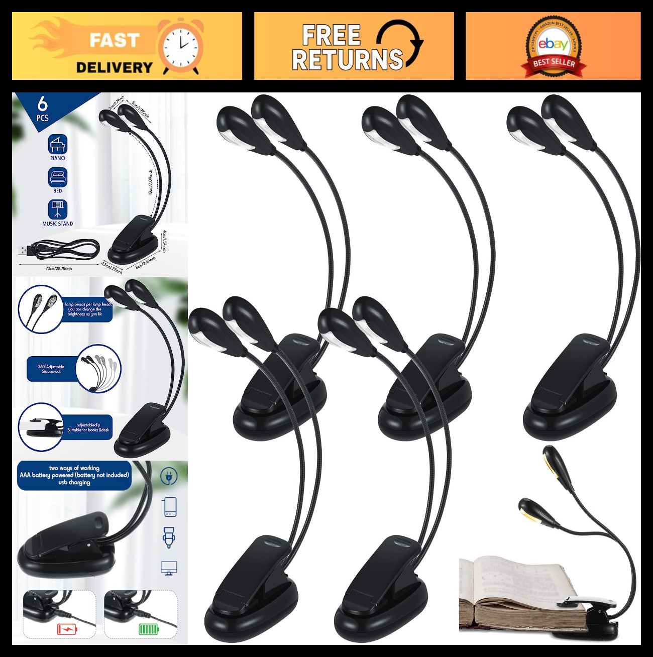 6 Pcs Clip-On Music Stand LED Reading Light - Dual Heads, USB & Battery Operated