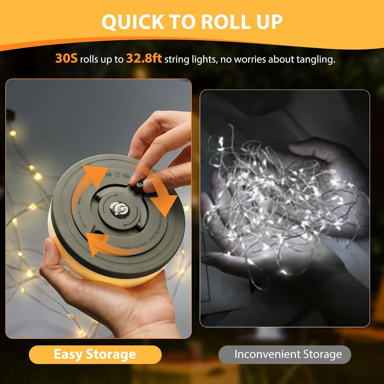 Camping String Lights, 4 in 1 Quick Storage 32.8FT Rechargeable Tent Lights with