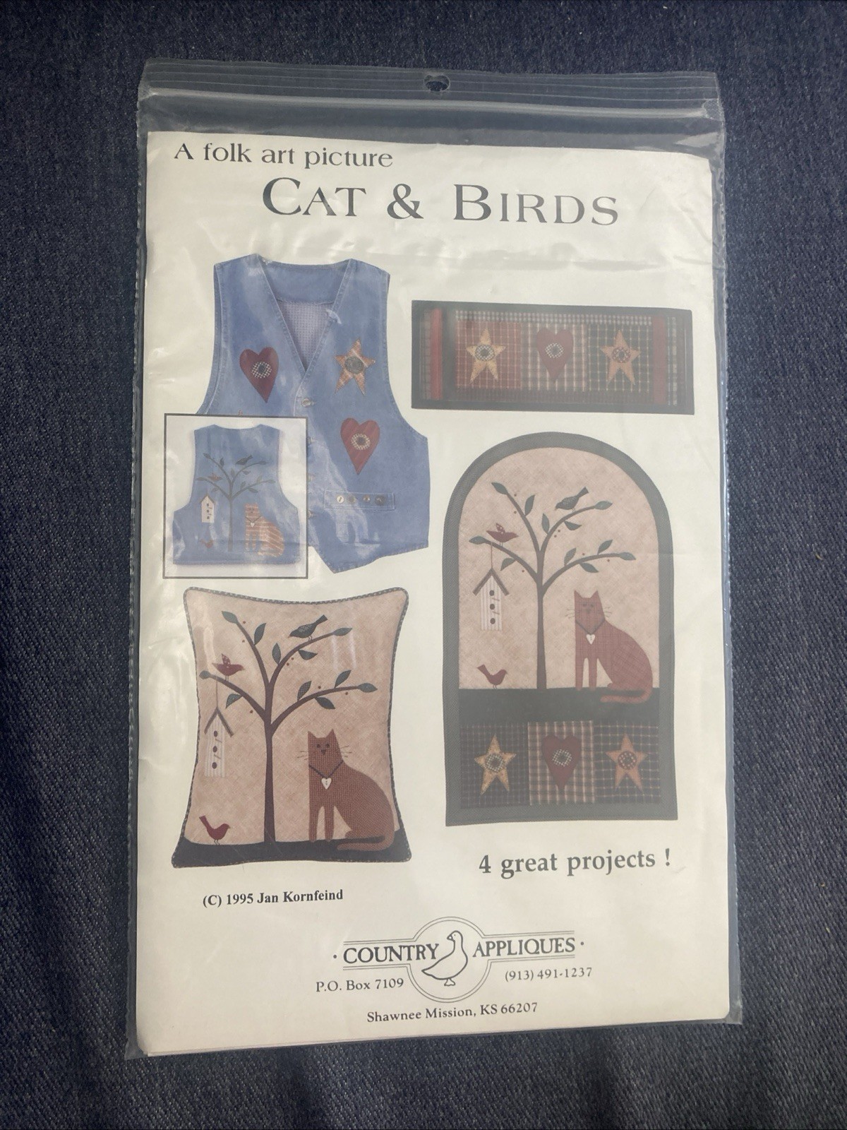 “Cat & Birds” Country Appliques CA-88, 4 Projects: Vest, Pillow, Hangings 1995