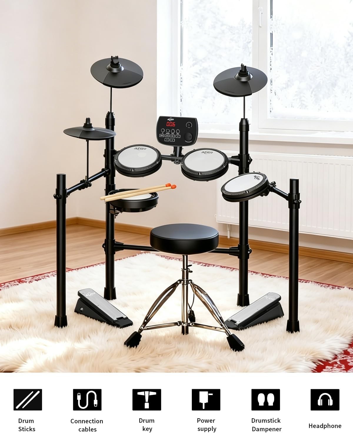 Electronic Drum Set Mesh Pads 5 Drums & 3 Cymbals, USB MIDI, Module, Incl Throne