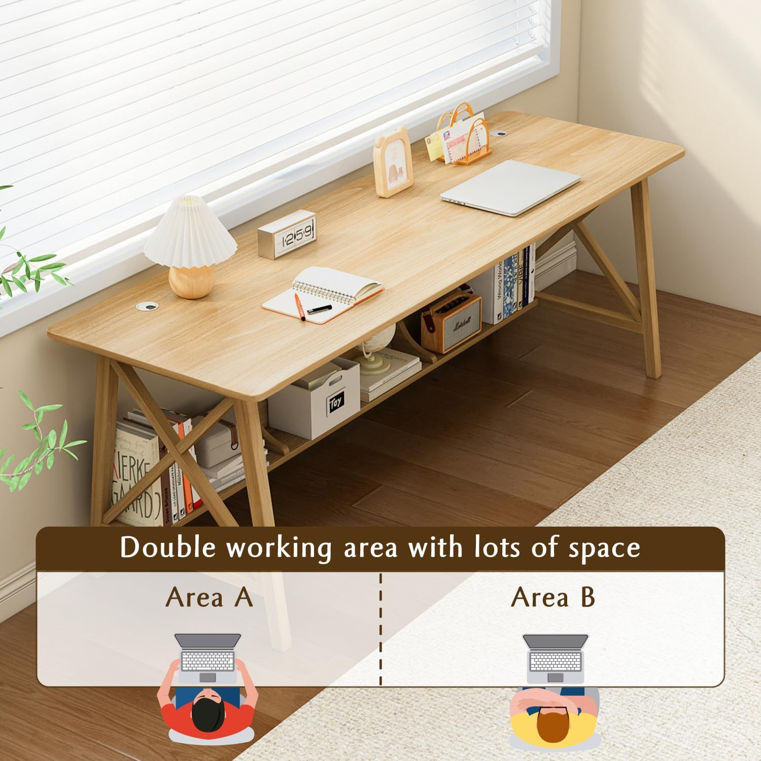 Extra Long Solid Wood Desk with Bookshelf - 63" Home Office Workstation