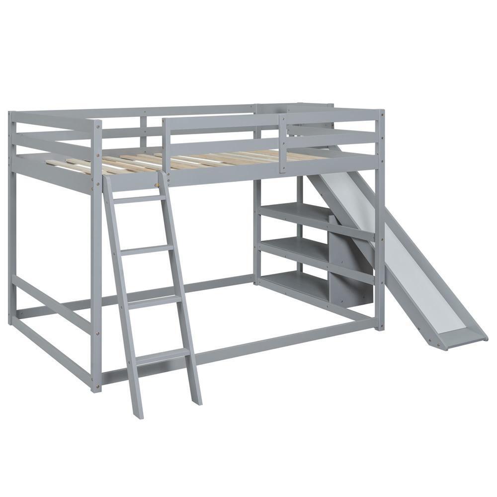 New Practical Modern Full over Full Bunk Bed with Ladder Slide and Shelves