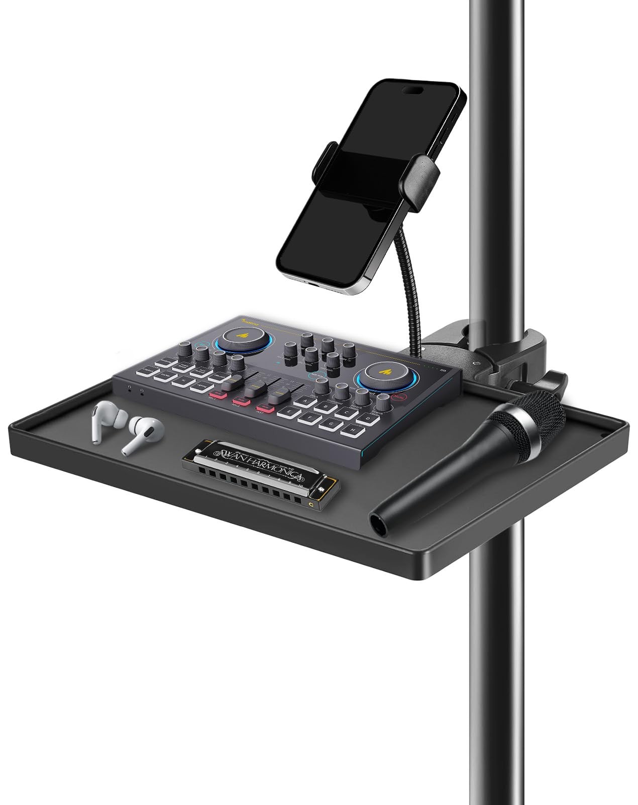 BILIONE Mic Stand Tray with Gooseneck Phone Holder, 10.6" X 7.8" Black