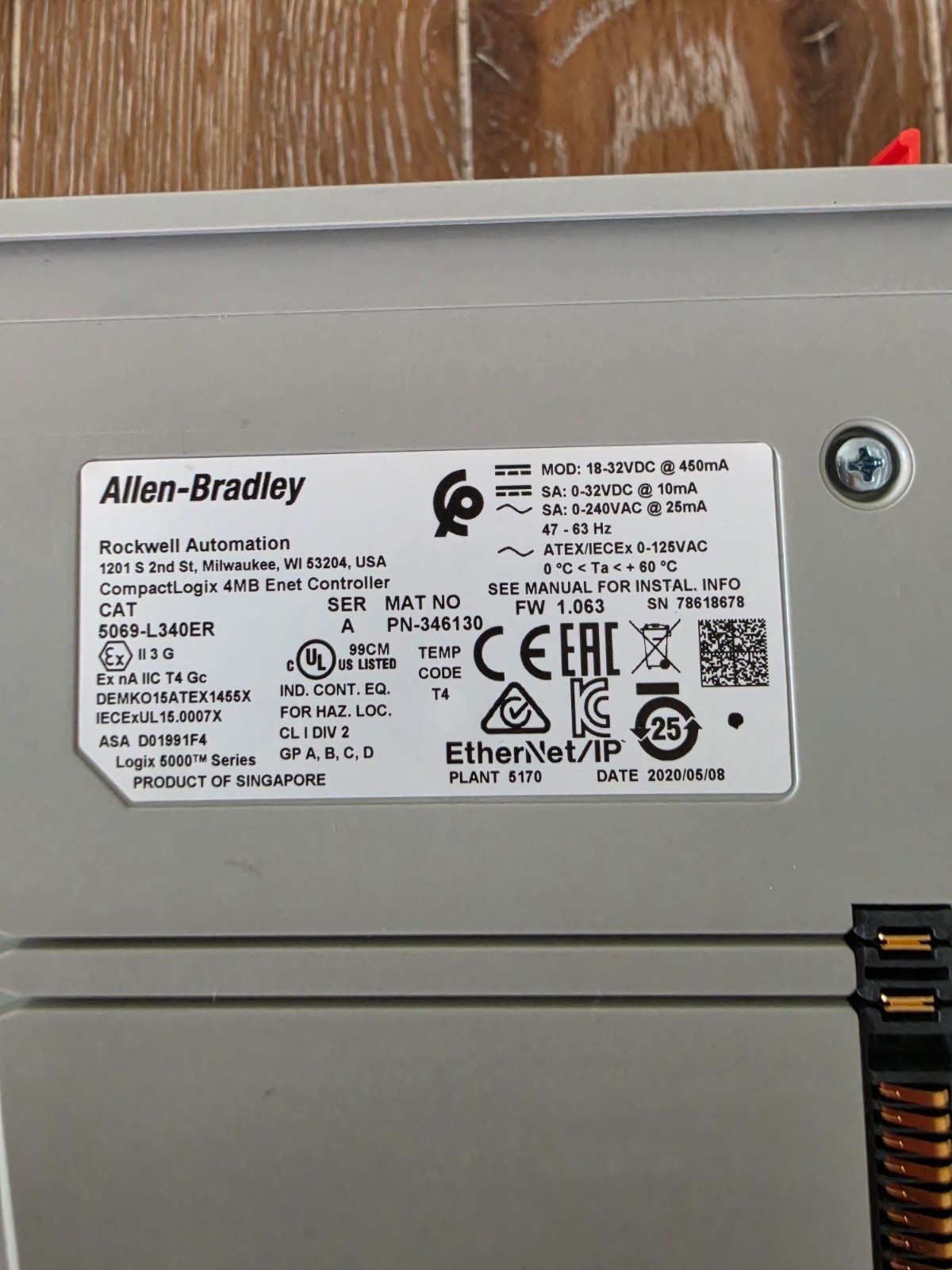 Allen-Bradley CompactLogix 5380 Controller (5069-L340ER) No SD card