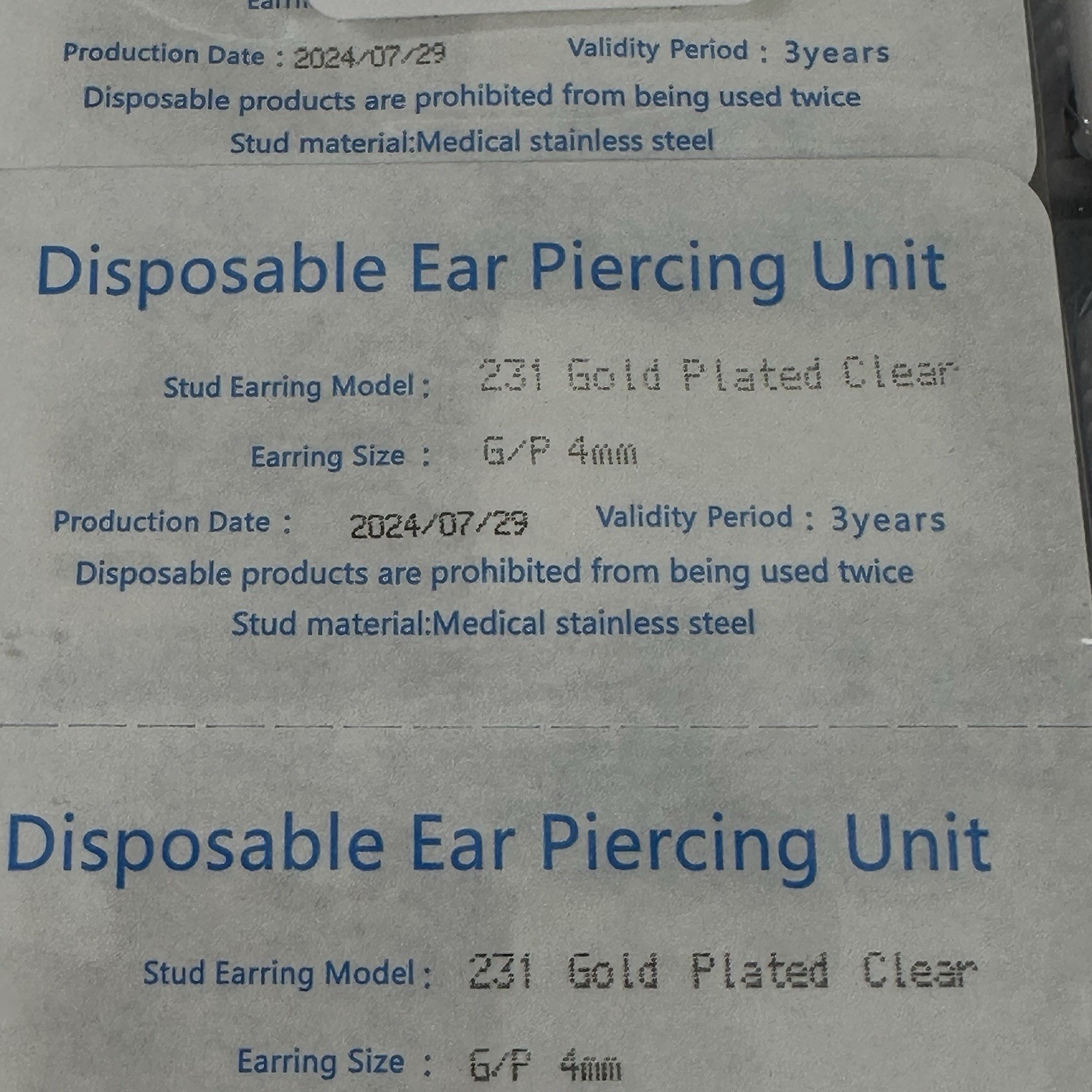 Disposable Ear Piercing Units (8) With Aftercare Piercing Solution Gold Plated