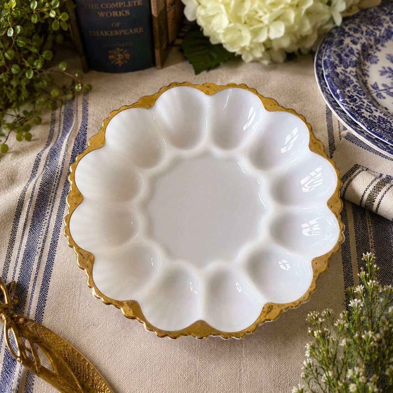 Vintage Milk Glass Deviled Egg Plate Gold Trim 10 Inch Serving Platter