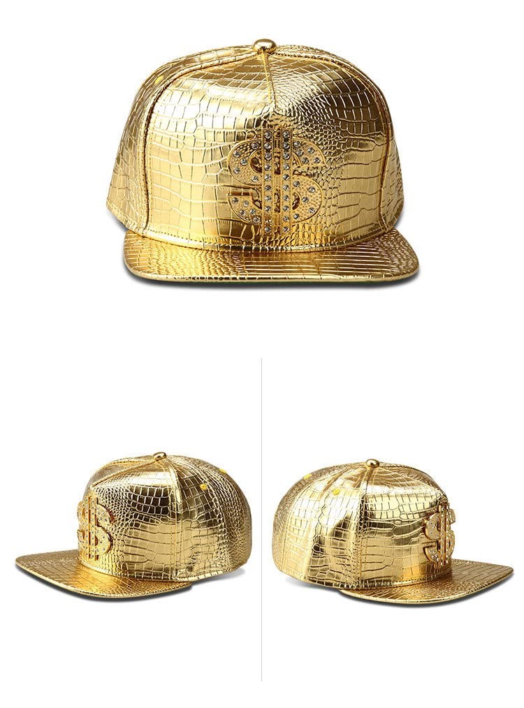 Hip Hop Hat,Flat-Brimmed Hat,Rock Cap,Adjustable Snapback Hat One Size, Gold