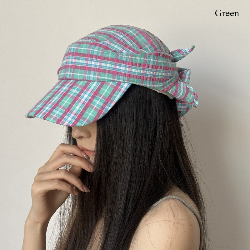 Women Check Plaid Lace Up Baseball Cap Turban Hat Sports Hip Hop Tie-back