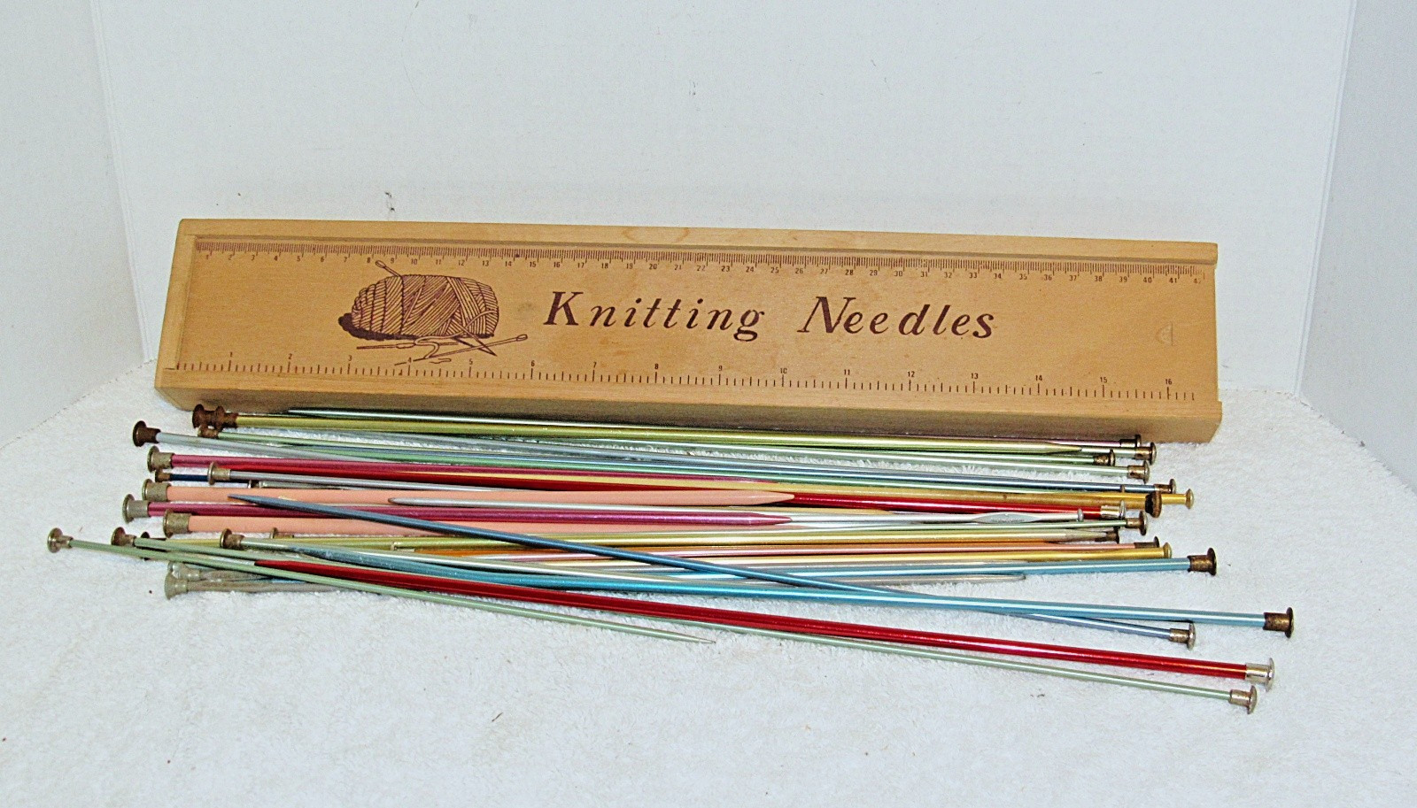 Vintage Wood Knitting Needle Box, Sliding Lid, Inch + Metric Ruler W/ Needles