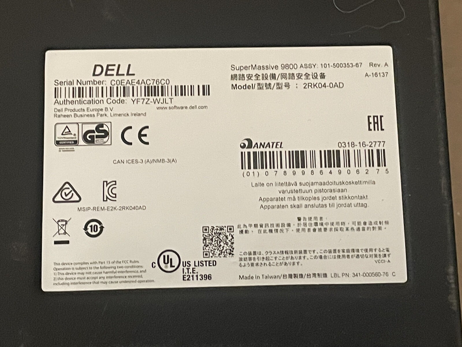 Dell Sonicwall SuperMassive 9800 2U Firewall Security Appliance 2RK04-0AD READ!!