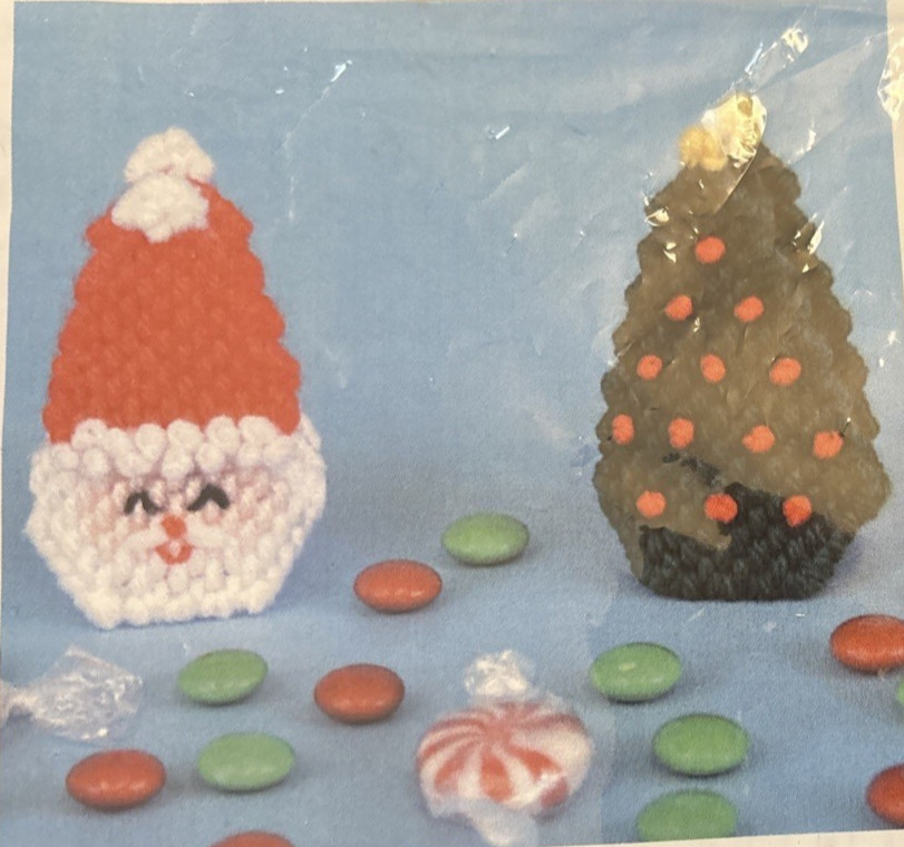 Vtg Rare Mary Maxim STANTA & TREE CANDY HOLDERS Needlepoint Pattern #12226