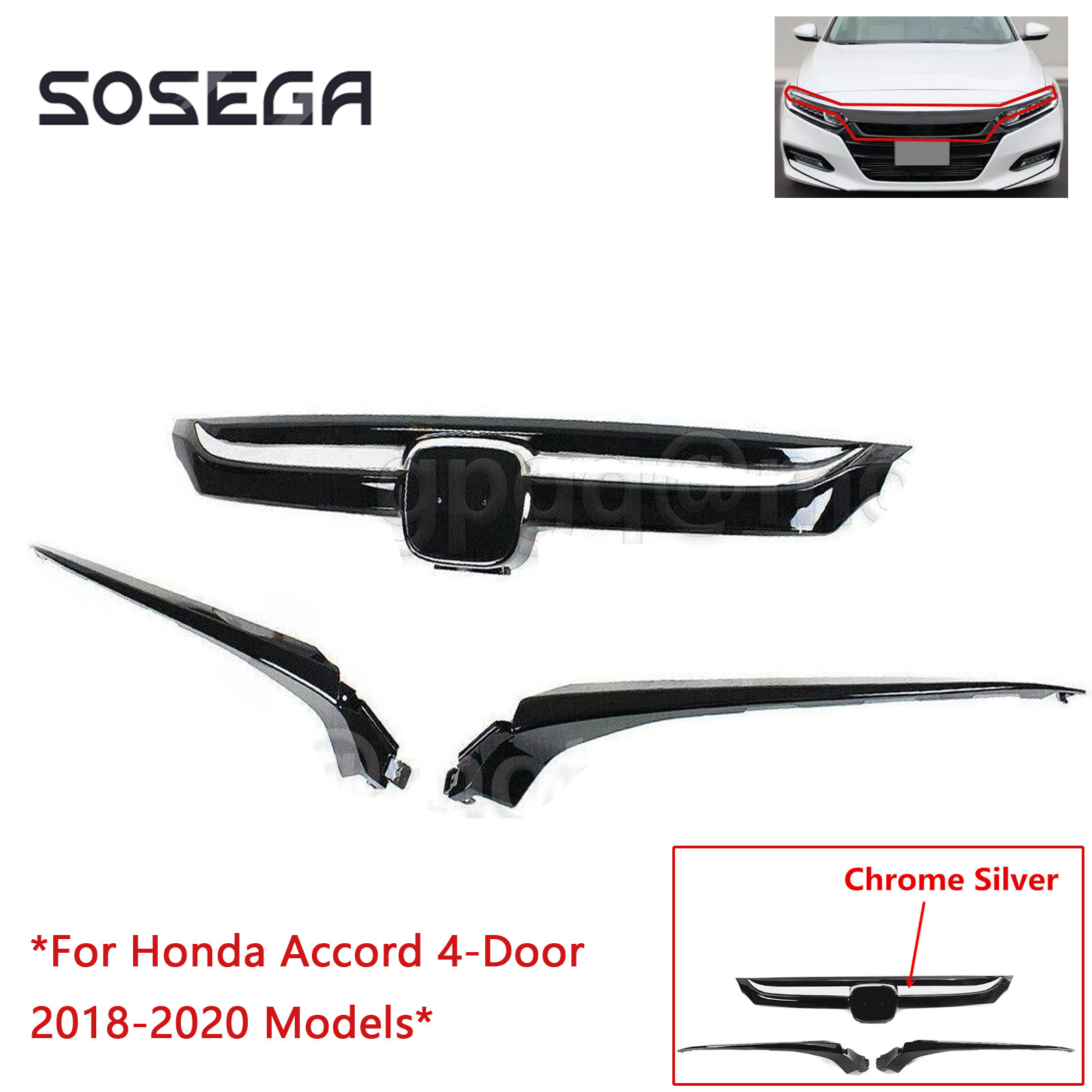 Fits For Honda Accord 4 Door 2018-2020 Black Front Grille W/ Chrome Garnish Kit