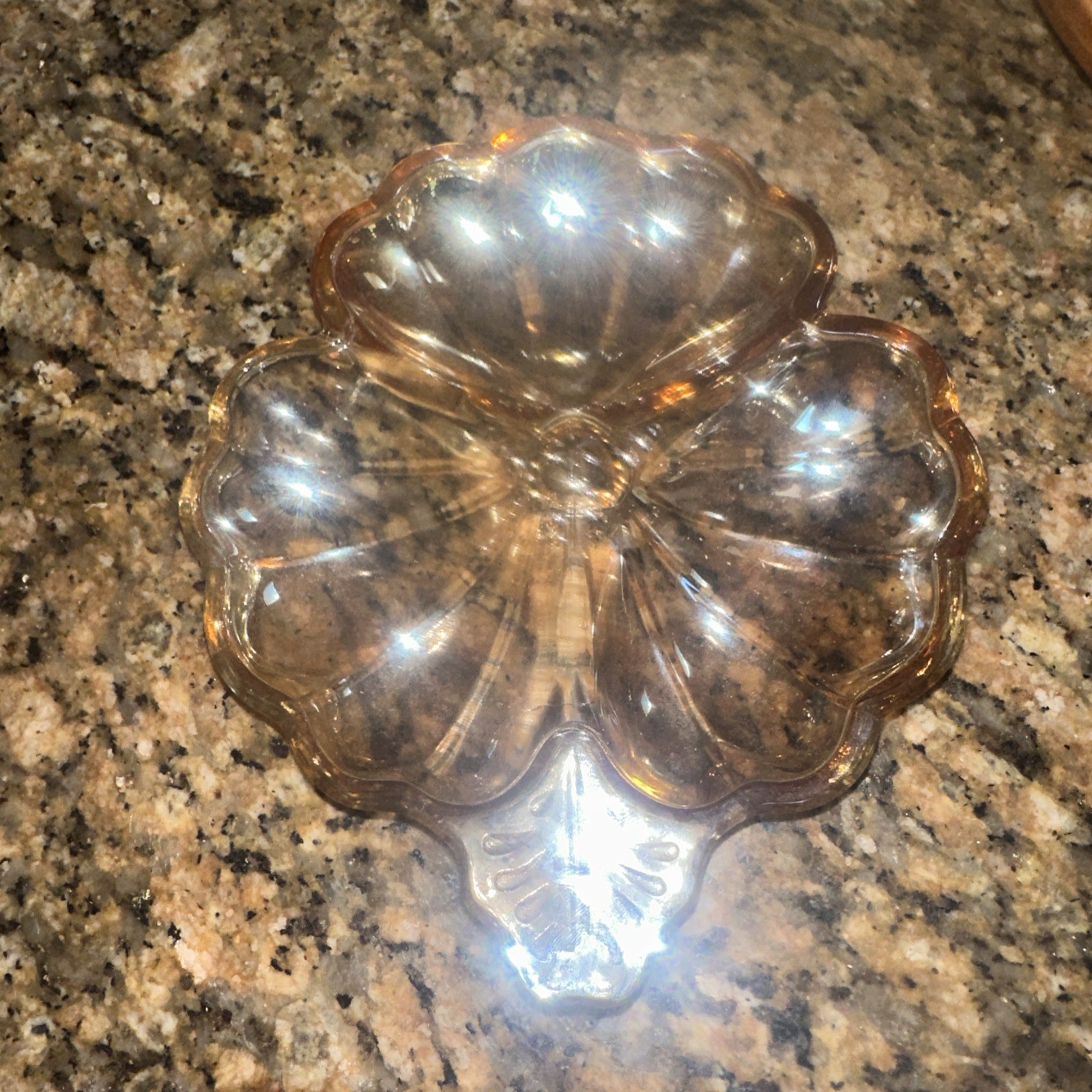 Vintage Carnival Glass Amber Marigold 3 Section Clover Candy/Nut Dish I1