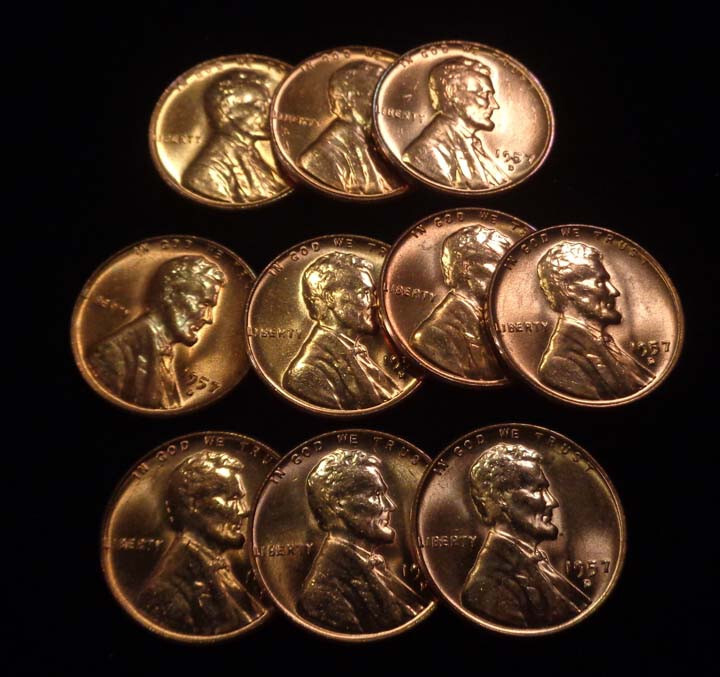 1957 D BIE Die Break Lincoln Cent CH/GEM BU