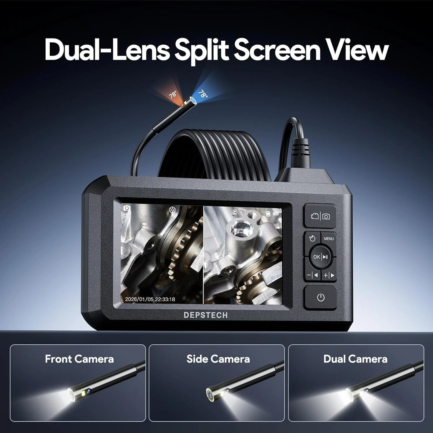 Dual Lens Borescope Camera with Light | Waterproof