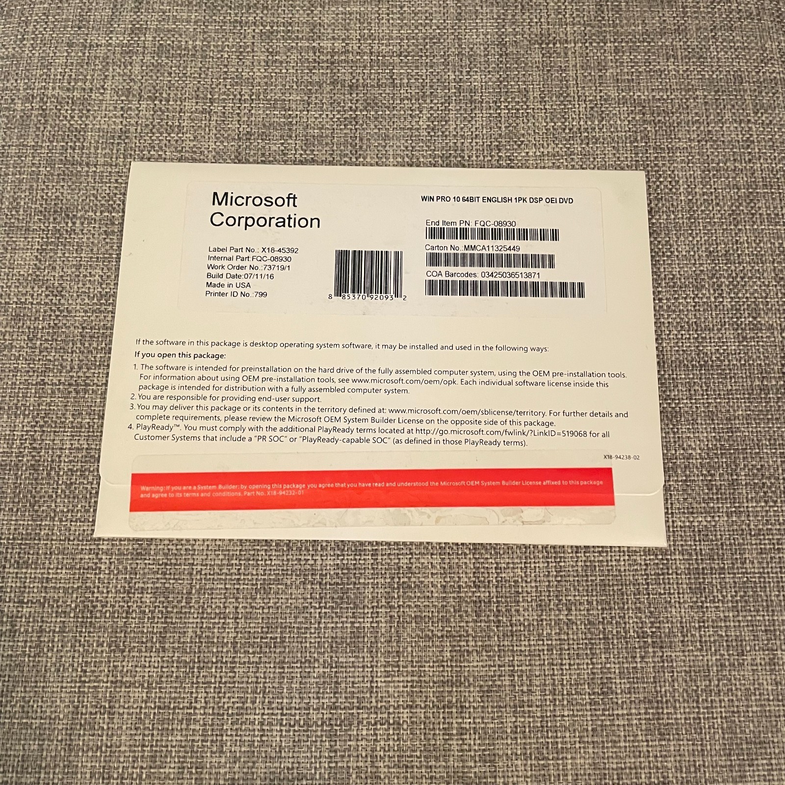 Microsoft Windows 10 Professional 64Bit English DVD & Product Key Factory Sealed