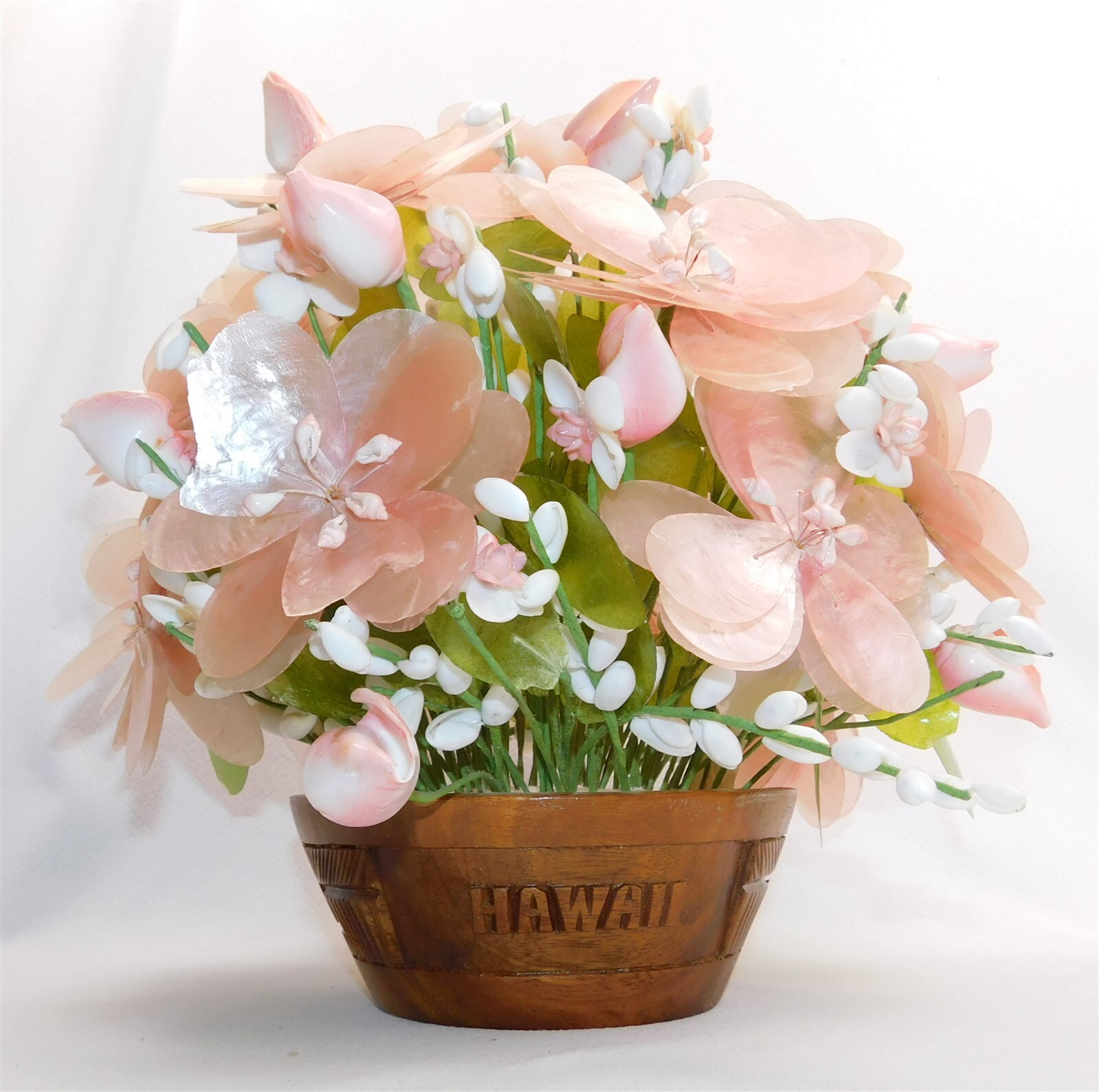 Vintage Capiz Shell Pink Accent Flower Bouquet in Wood Planter HAWAII