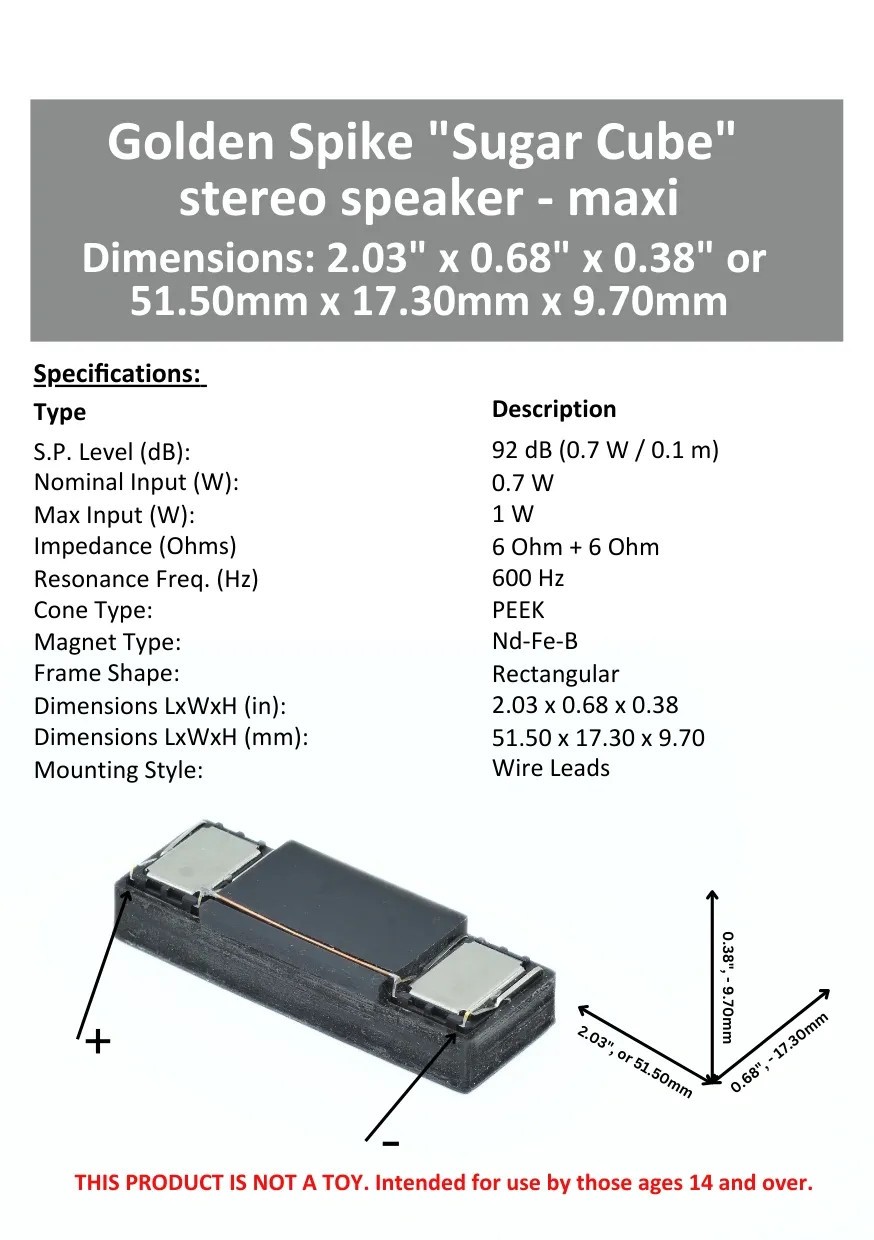 Golden Spike Hobbies ~ Sugar Cube Twin Speaker ~ “maxi” ~ 6 Ohm ~ GS15112H103