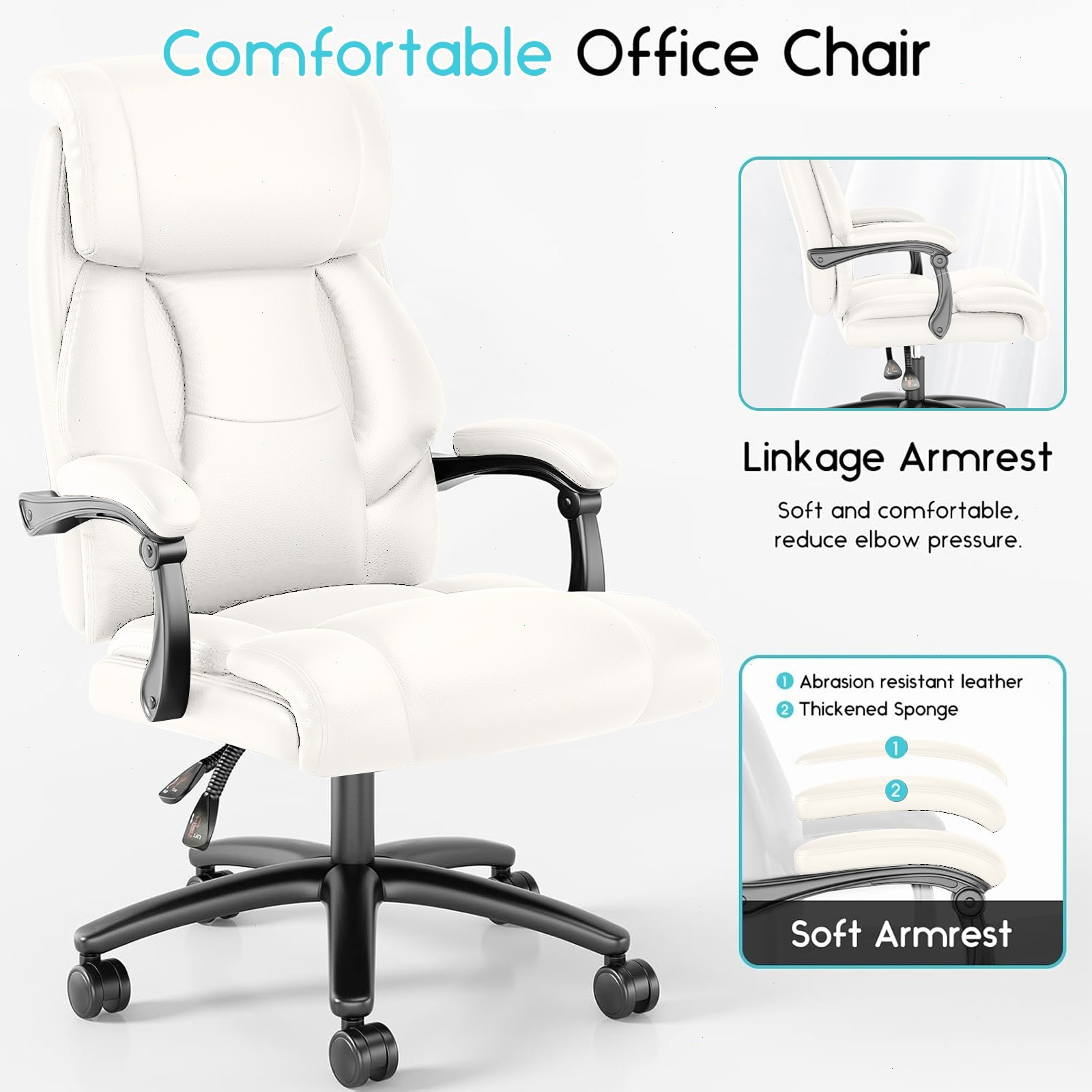 Reclining Office Chair 400lbs Ergonomic PU Leather Computer Desk Chairs White