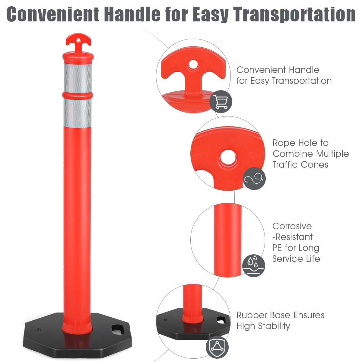 6 Pack 45" Orange Traffic Delineator Post Cone w/ Rubber Base & Reflective Bands