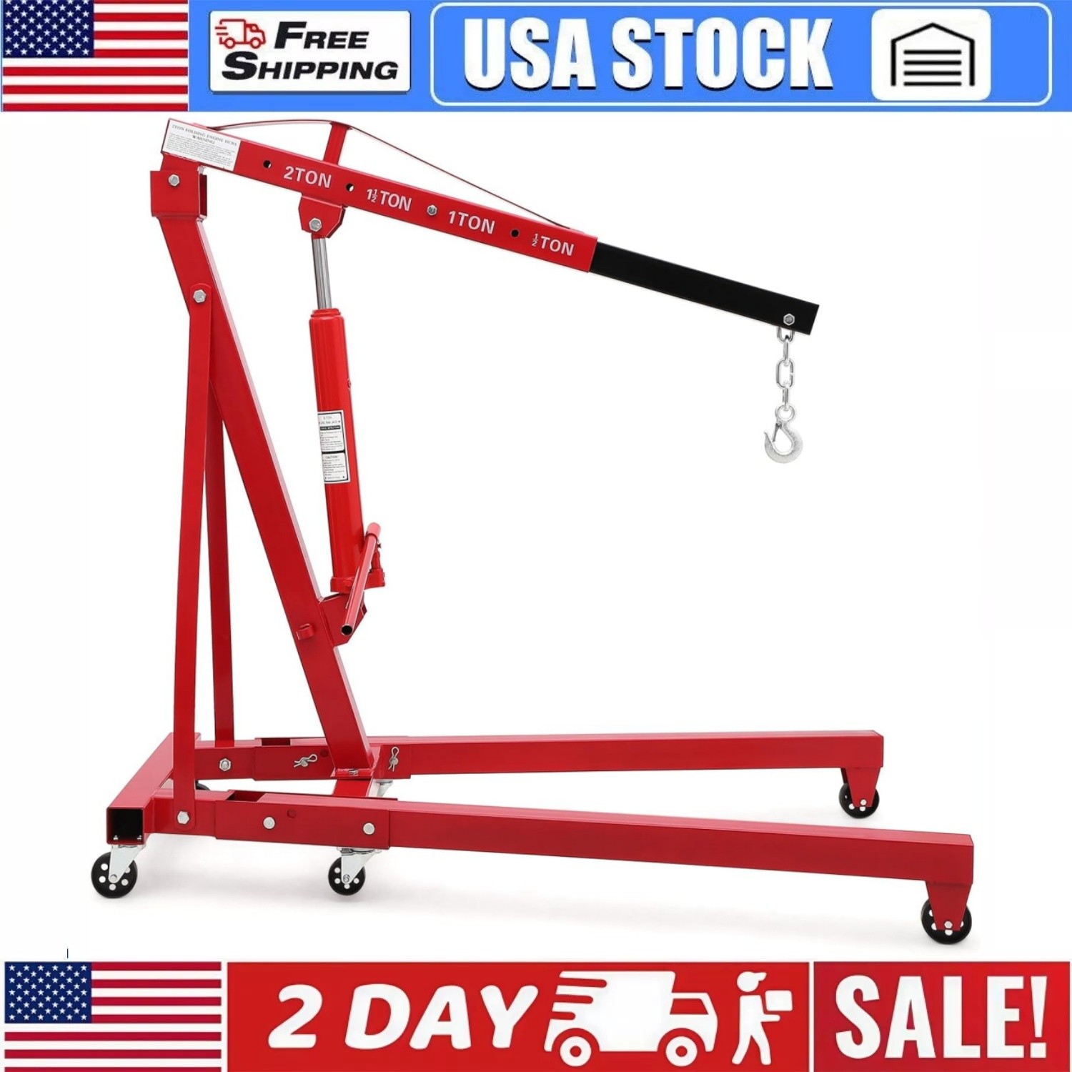 🔵2Ton Folding Hydraulic Engine Hoist Folding Engine Shop Crane Hoist Lift 6 Whe