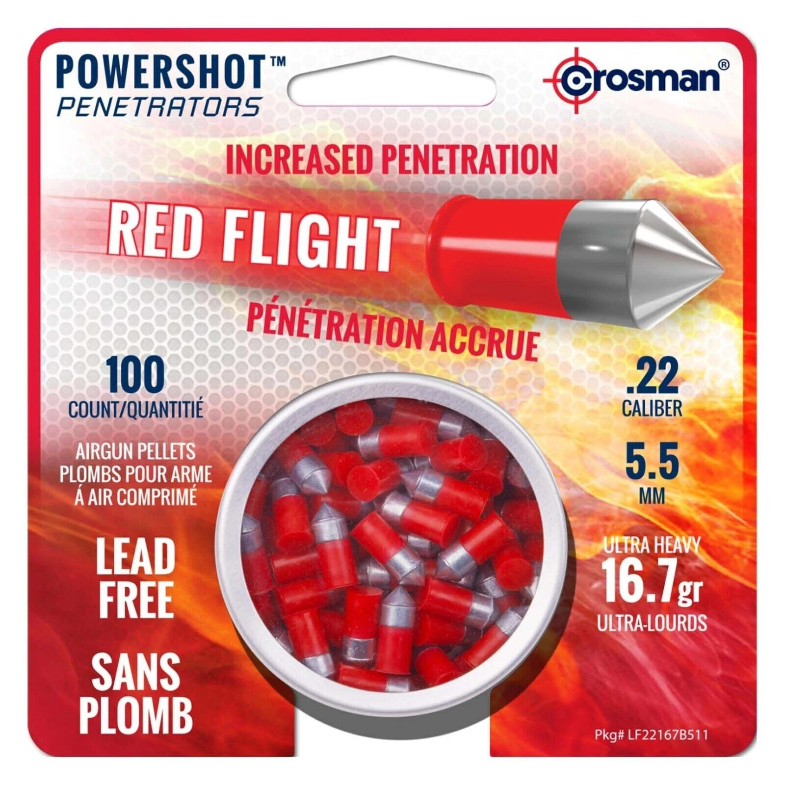 CROSMAN .22cal Red Flight Penetrator Pellets - 16.7 Grain (100 Count) Lead Free