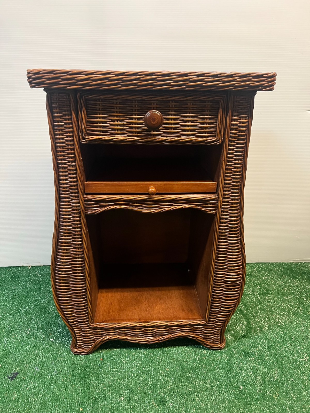 Vintage Wicker Table with Drawer - Dark Pecan, Antique Style, Pullout Shelf