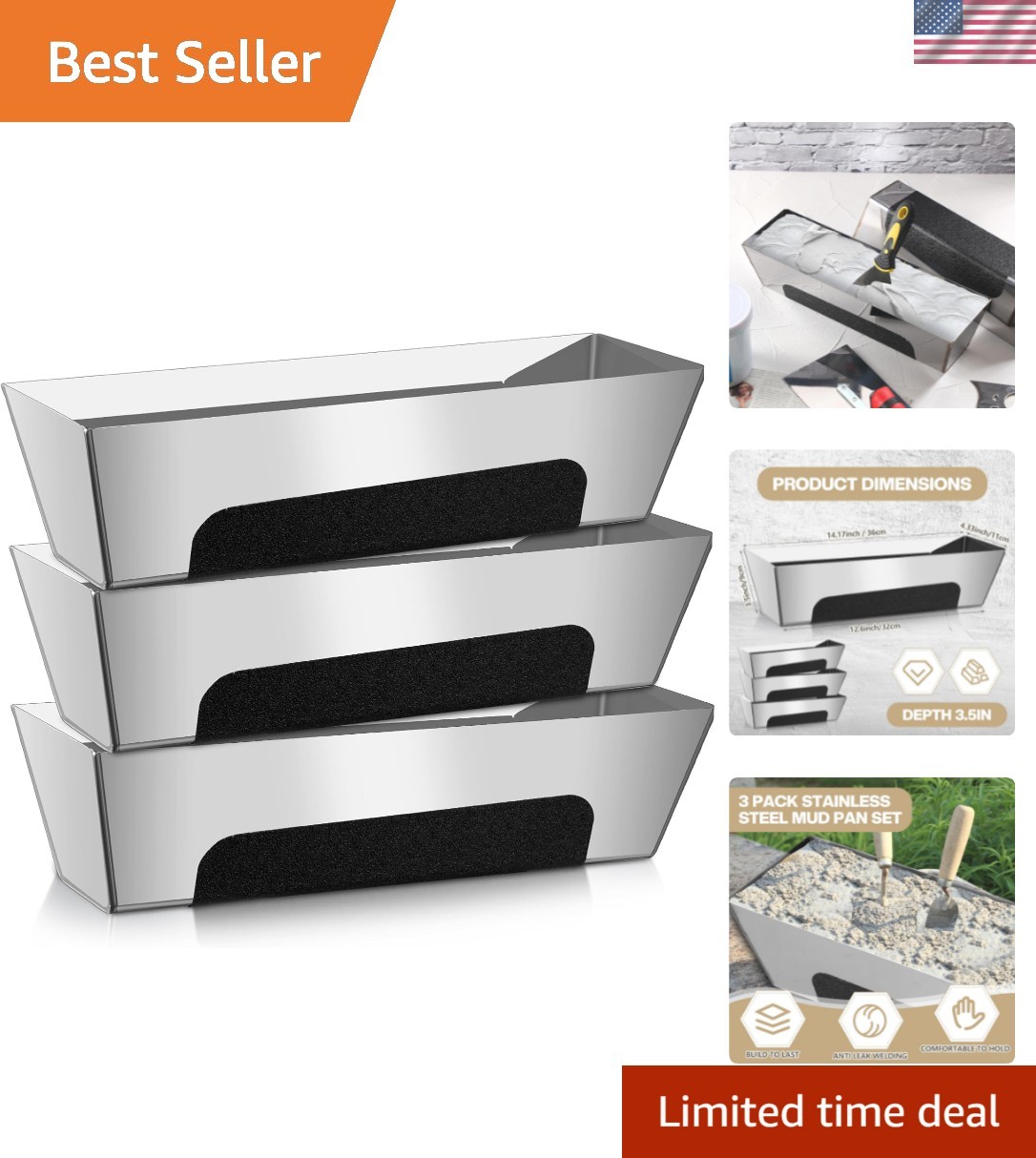 Pack of 3 Stainless Steel Mud Pans with Non-Slip Handles - 12 Inch Drywall Tool