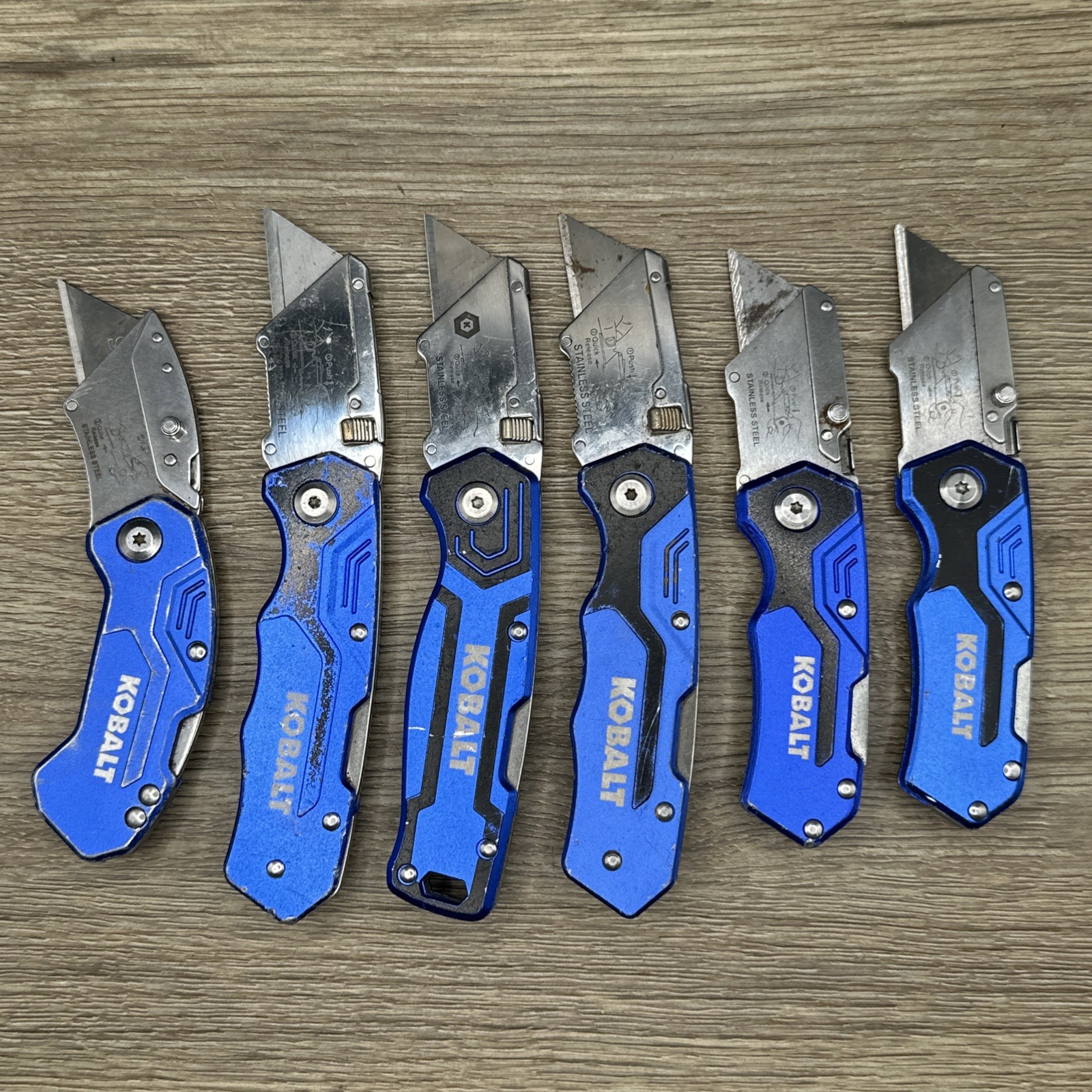 (LOT D) 6 Kobalt Folding Utility Knife Knives Box Cutters Blue TSA Surplus
