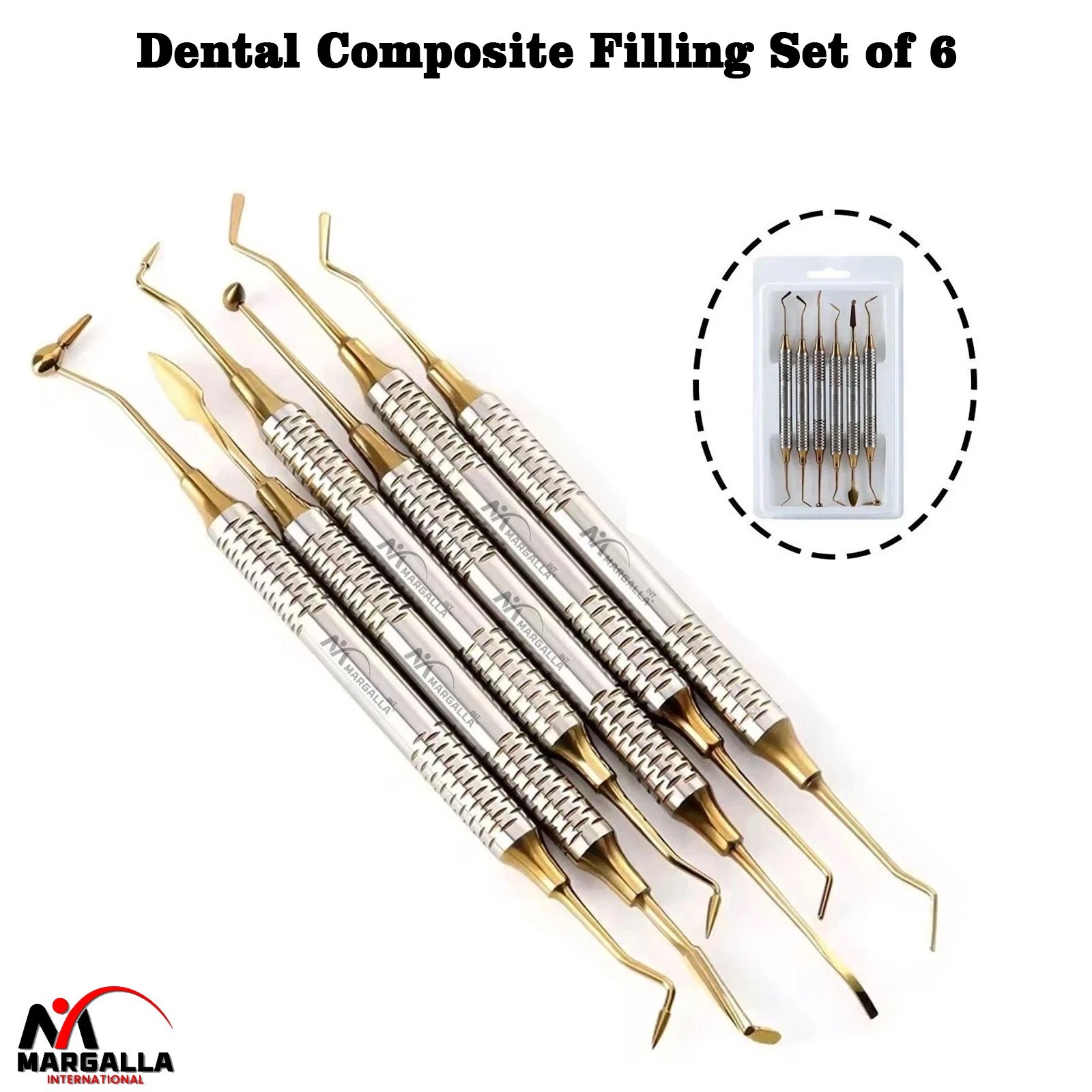 Dental Composite Filling Instruments Set of 6 Restorations Gold Coated Brand New