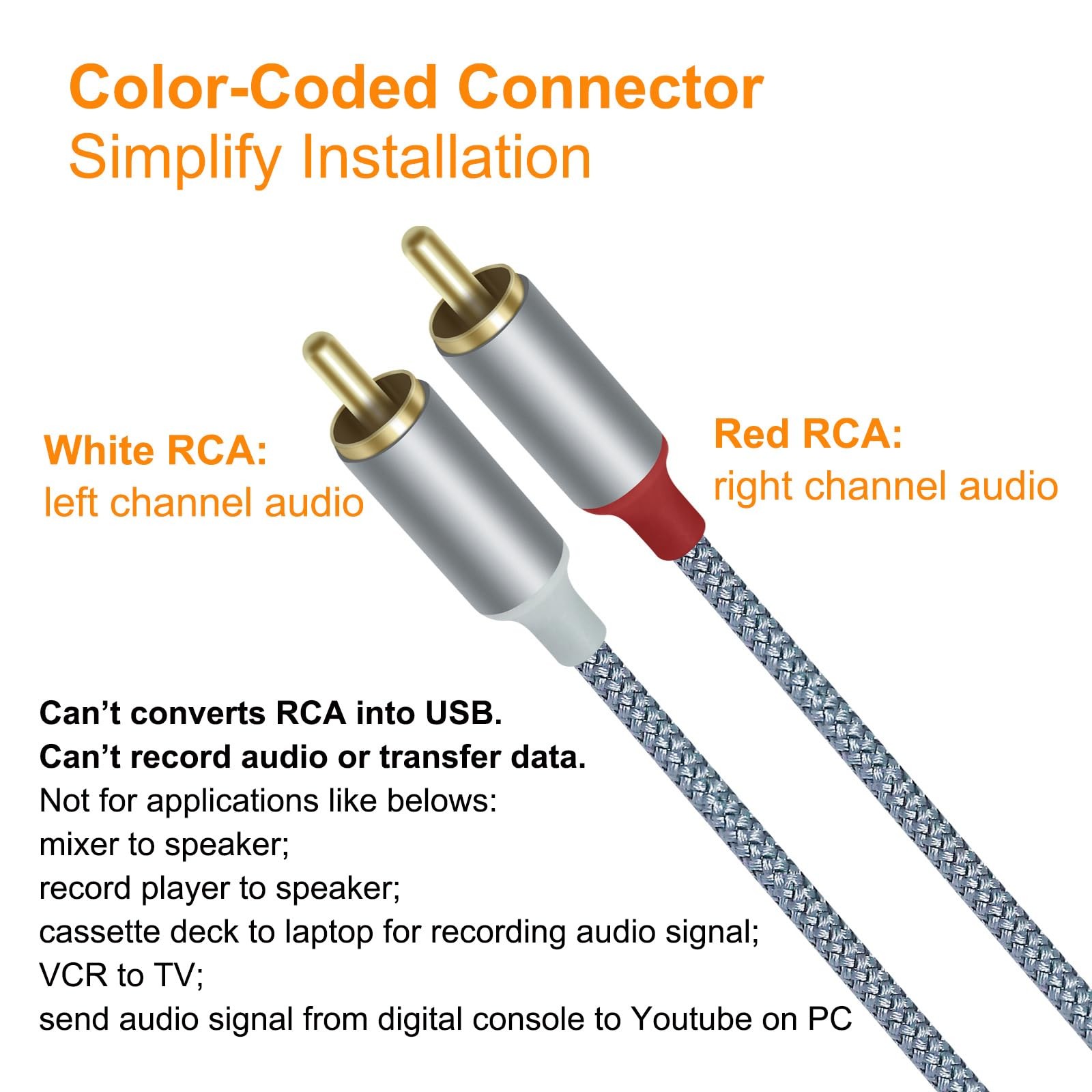 DCHAV 4ft USB to RCA Audio Cable Type A 2 Adapter Cord Male 2RCA grey
