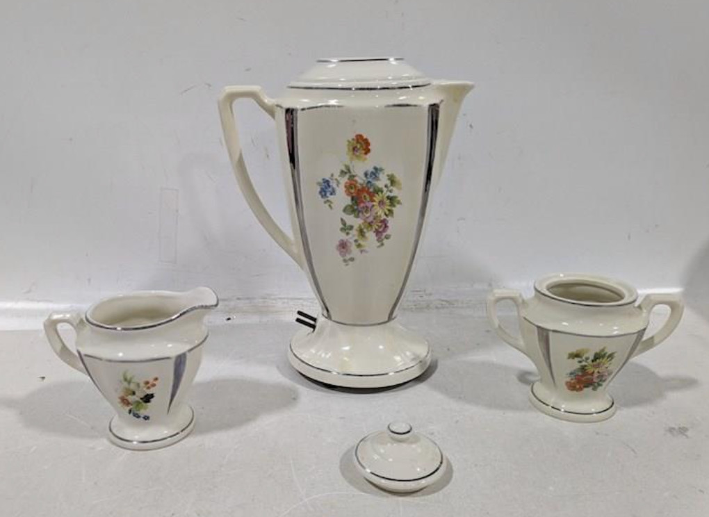 Vintage 1930's Porcelain Percolator Coffee Pot Creamer Sugar Set NO CABLE
