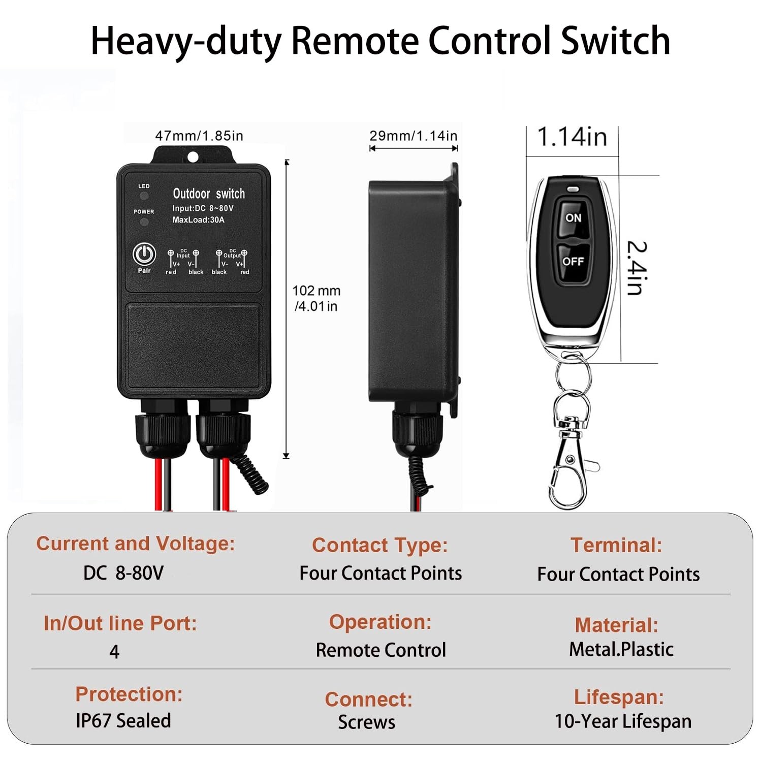 12V Remote Control Switch IP67 Waterproof DC8-80V 30A Relay 328FT Range