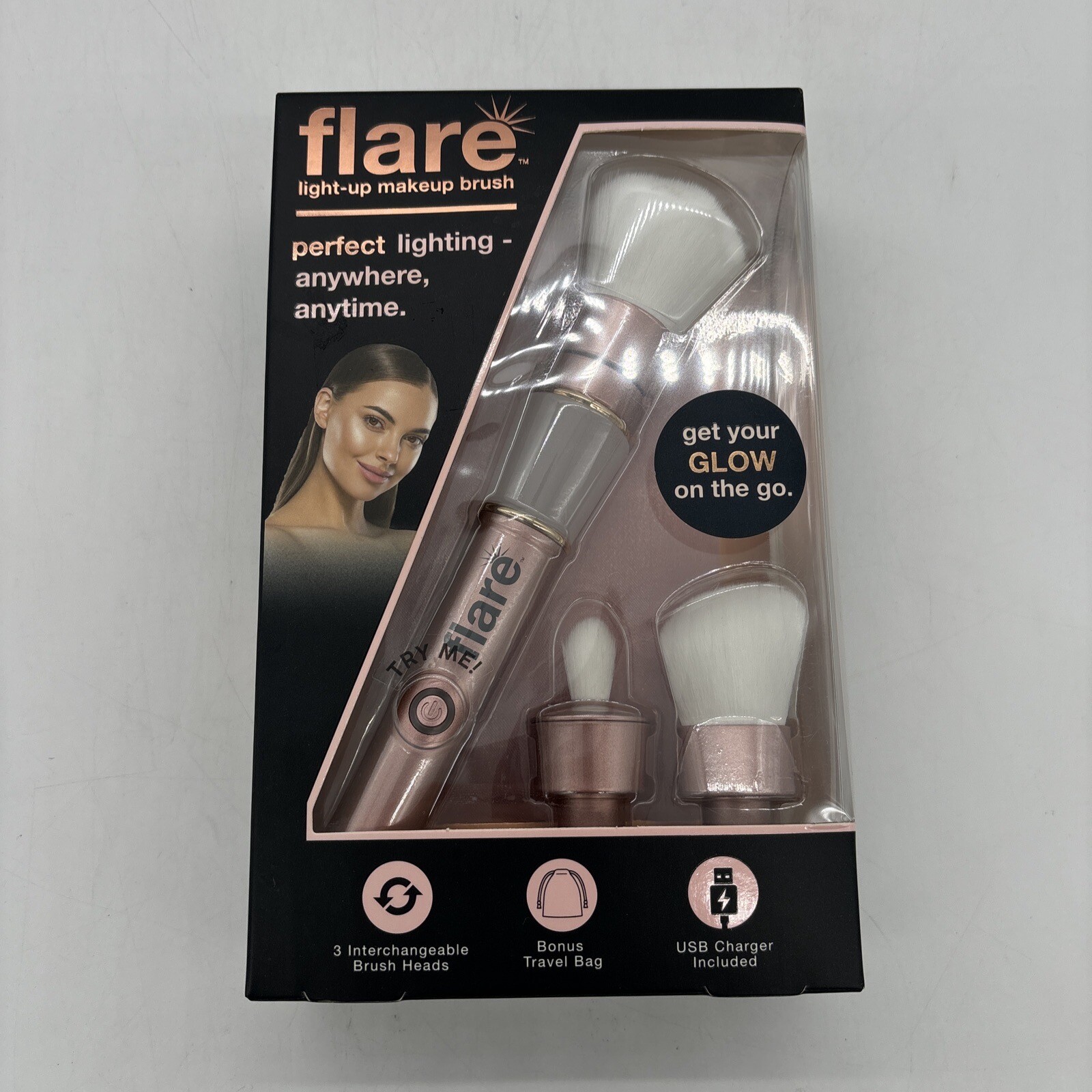 Flare Light-up Makeup Brush Rechargeable Heads Rose w/Travel Bag USB Charger 1PK