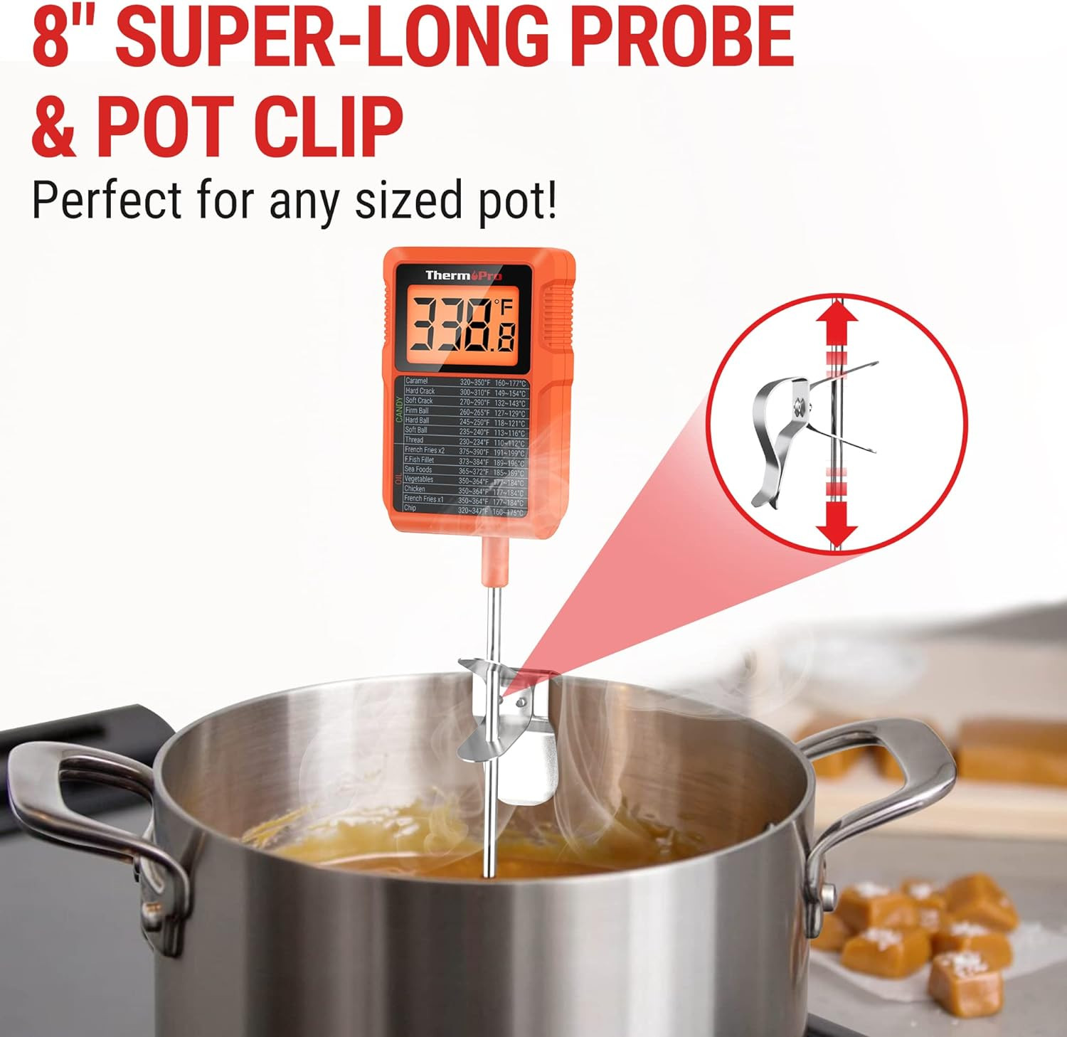 TP510 Waterproof Digital Candy Thermometer with Pot Clip, 8" Long Probe Insta...