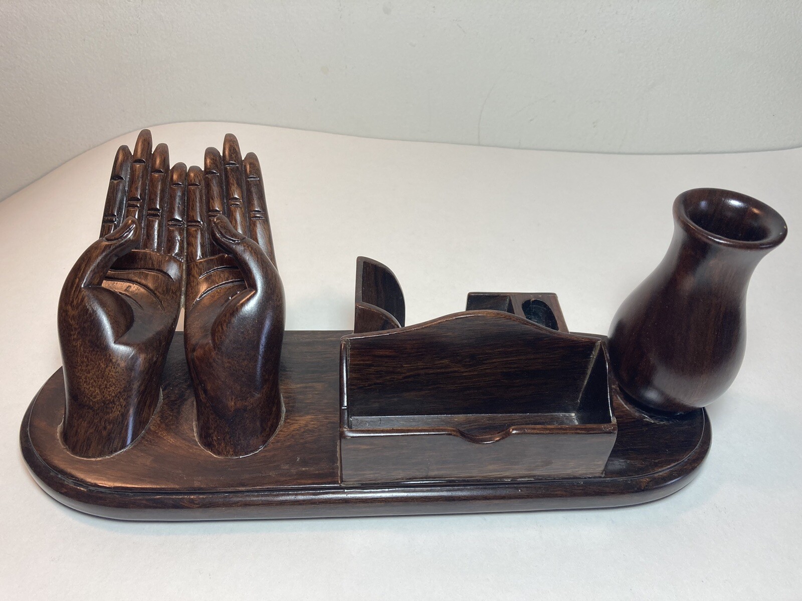Hand Crafted Wood Desk Organizer Buddha Hands 11.25” Home Office