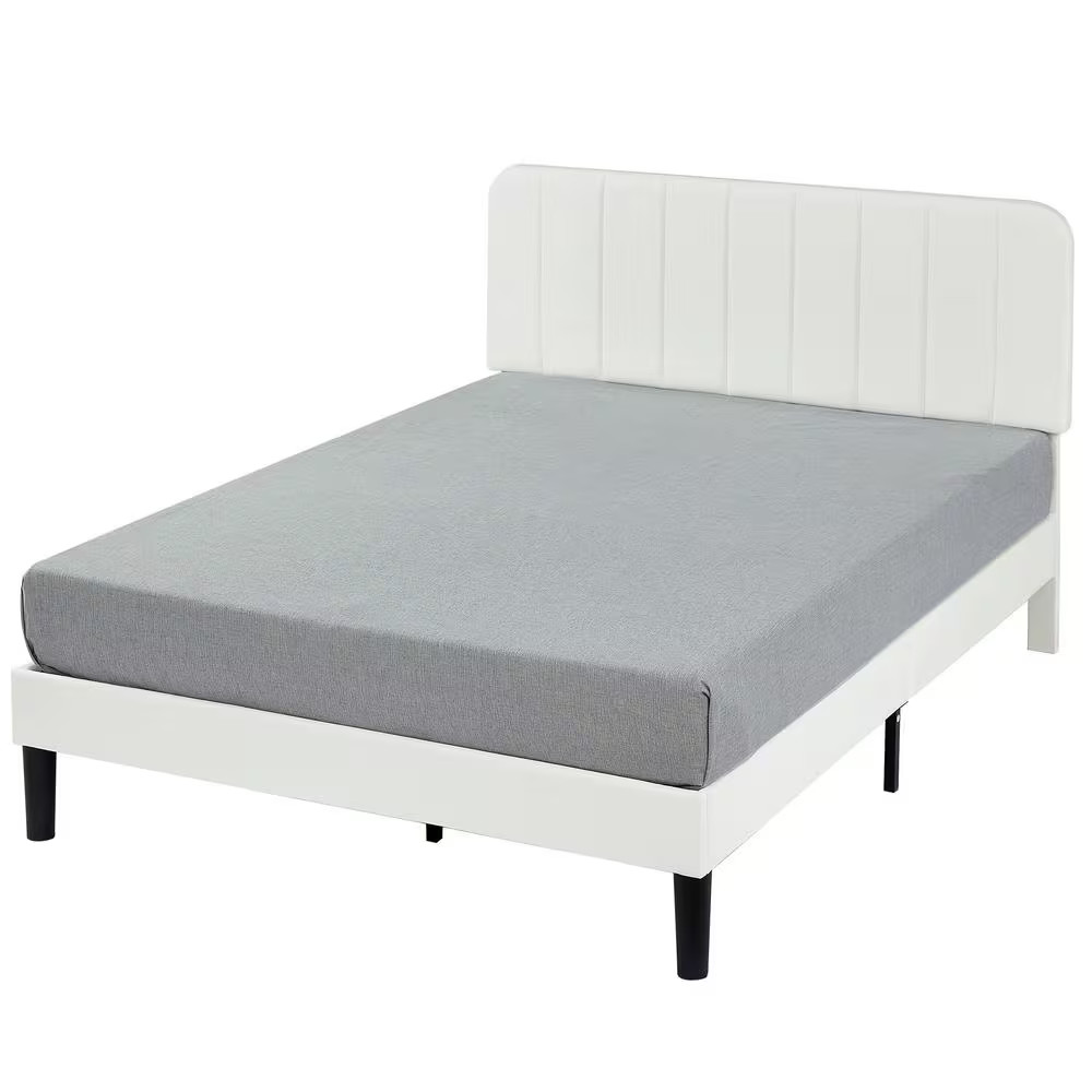 Upholstered Bed, White Queen Bed Platform Bed Frame with Adjustable Headboard, S