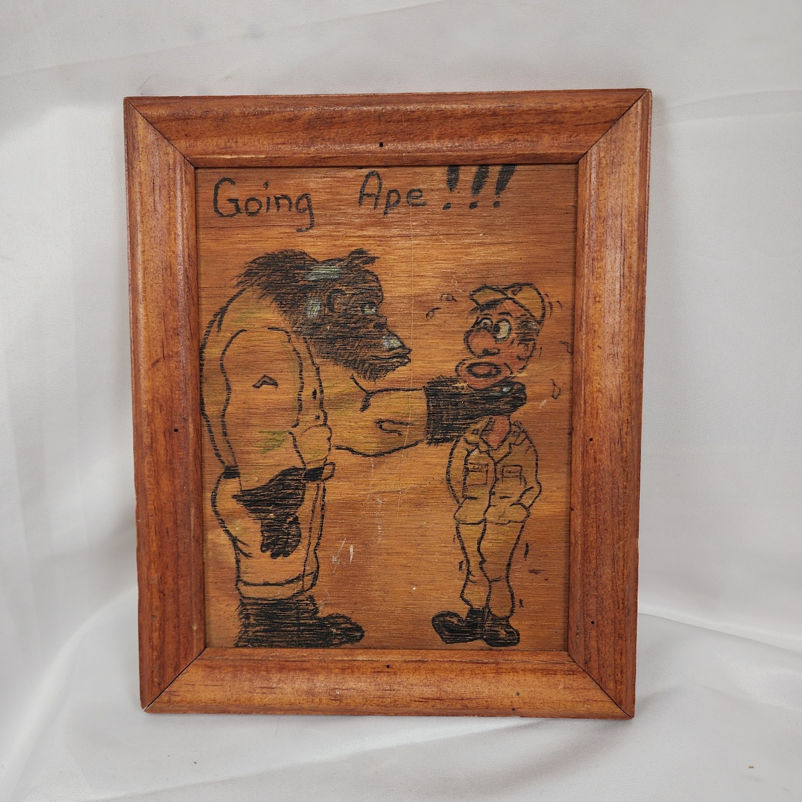 Vintage wooden folk art handmade Going Ape military one of a kind 1970s wood art