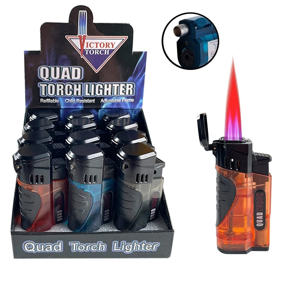 4 PACK QUAD Clear Color Torch Lighter Adjustable Flame W/Cigar Puncher