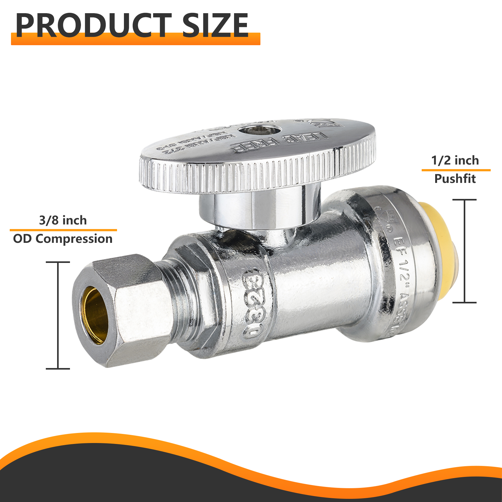 EFIELD 1/2" Push-fit X3/8" OD Compression Straight Stop Valve 1/4 Turn Lead Free