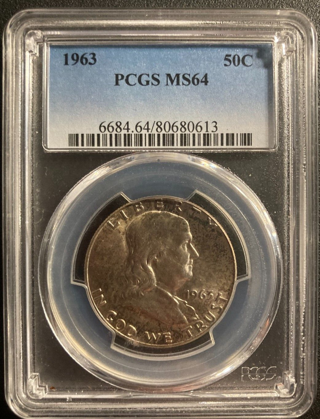 1963 Franklin Half Dollar MS64 PCGS Toned Mint State 90% Silver Slabbed Graded