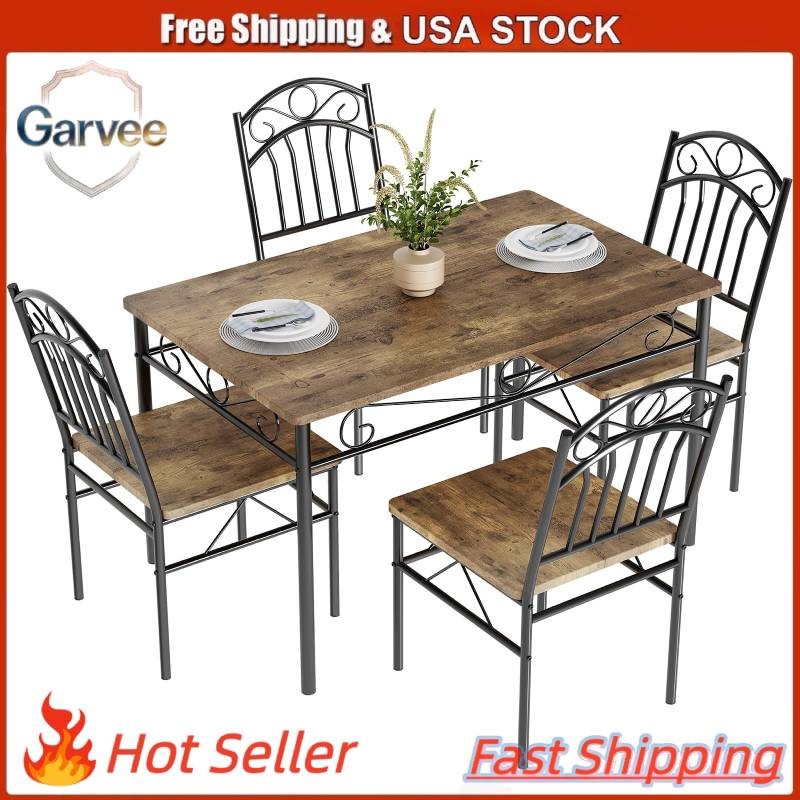 Wood Dining Set of 4: 1 Table + 4 Chairs Retro Industrial, Small Space Nook