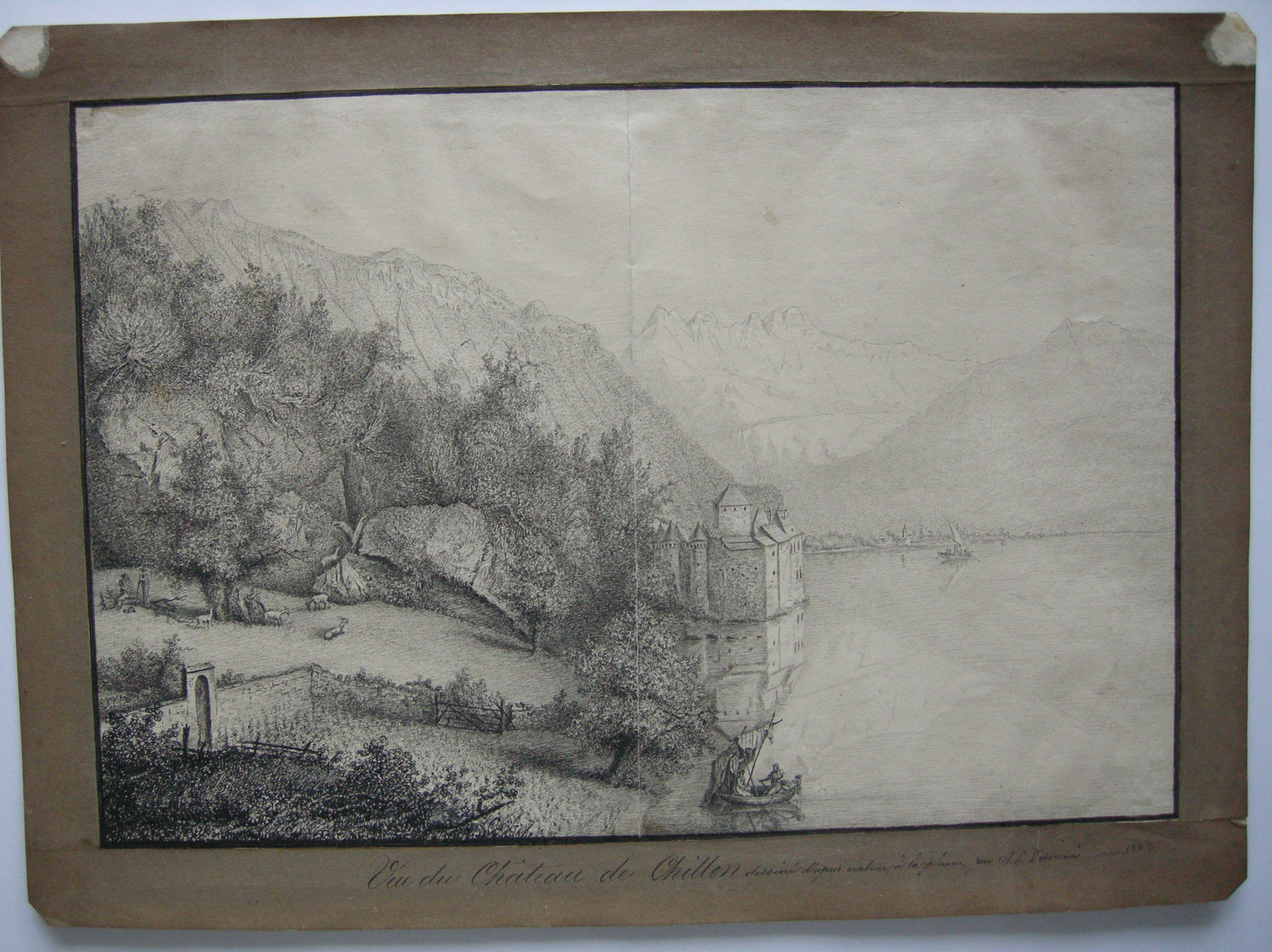 Chateau Chillon Montreux Lake Geneva Switzerland Orig Pen Drawing Desvernnois 1820