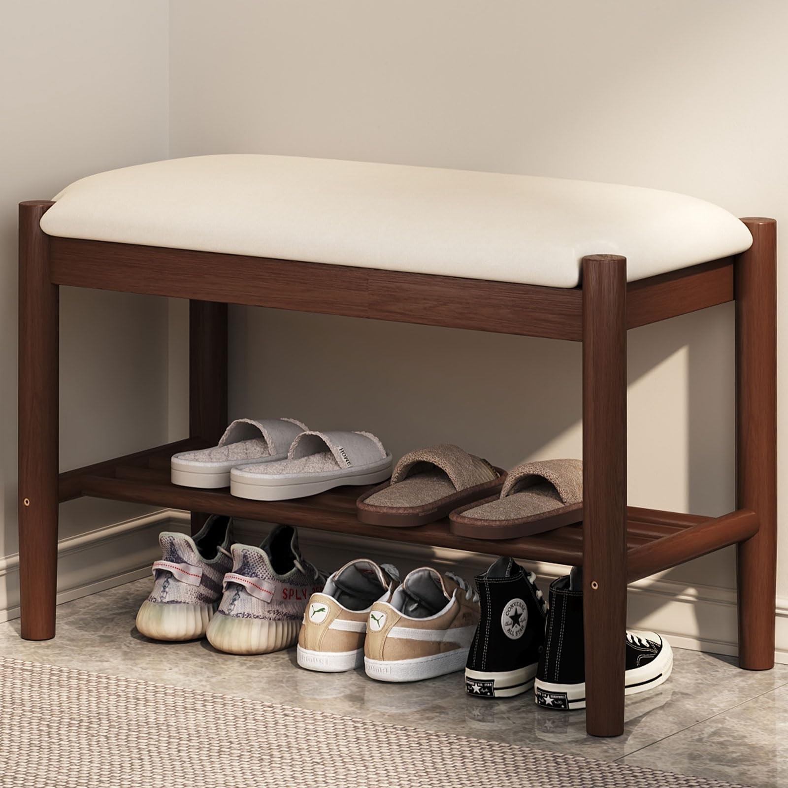 Buzleer Solid Wood Shoe Bench Cushion 2-Tier Shoe Rack Front Door Entrance